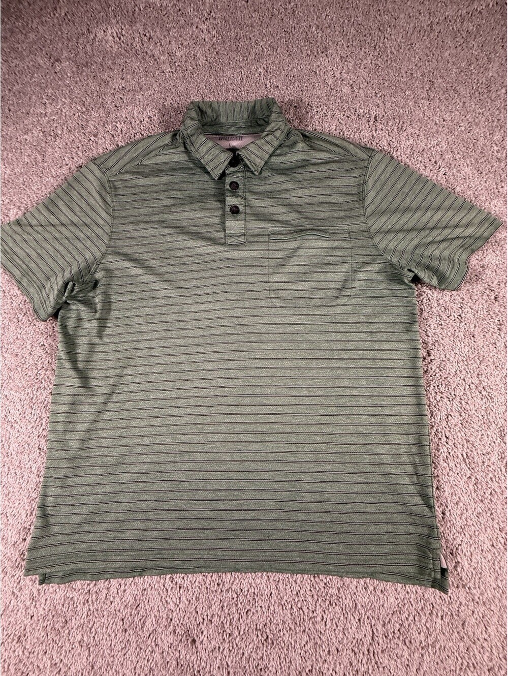 Duluth Trading Co. Men's Short Sleeve Green Striped Polo Shirt Zip Pocket Large